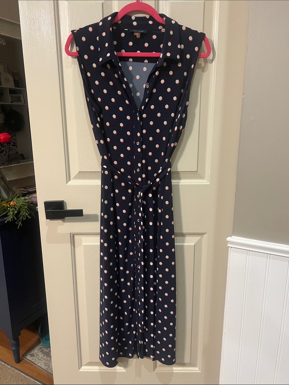 Tommy Hilfiger Navy Sleeveless Polka Dot Midi Dress with Tie